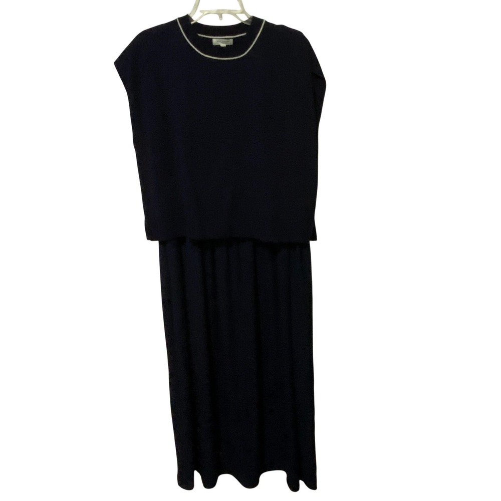 Max Studio Navy Blue Maxi Dress Sweater Bodice Overlay M Modern Minimalist